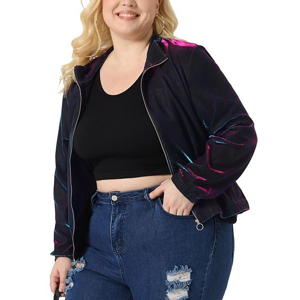 

Женская куртка с длинным рукавом и молнией, plus size, metallic holographic reflective, для вечеринок Agnes Orinda, Blue Purple