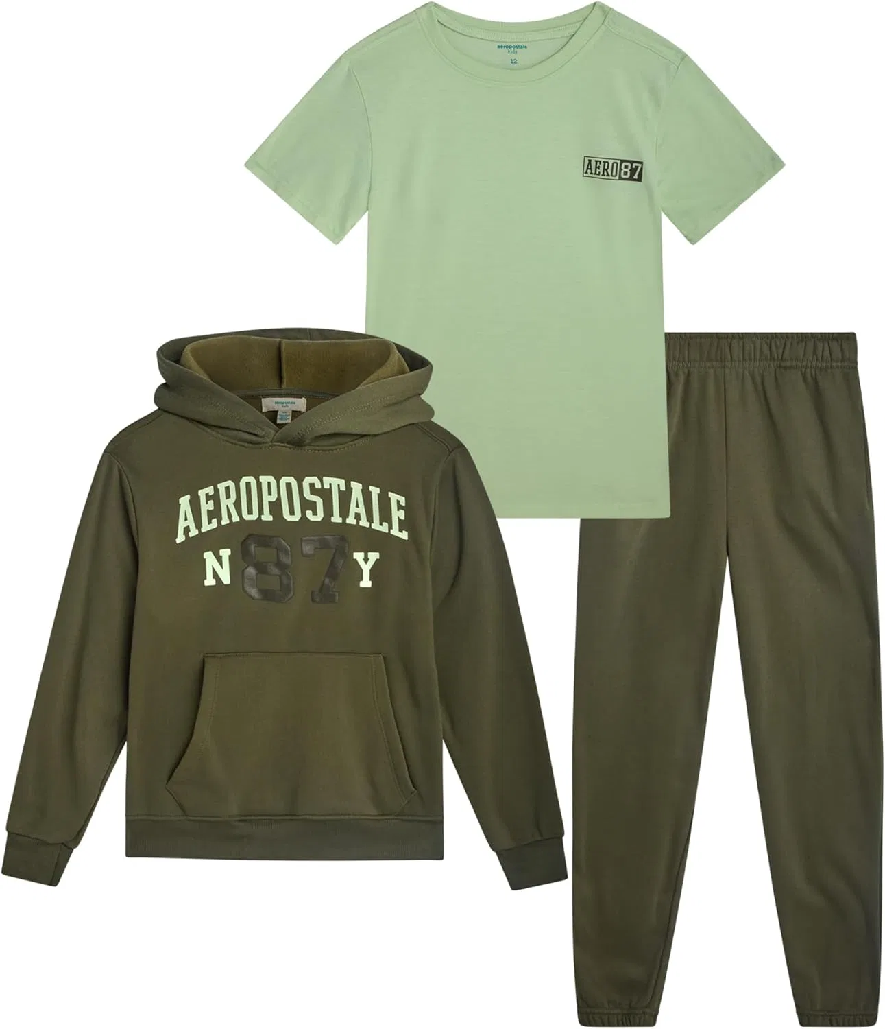 Детский спортивный комплект из флисовой кофты, футболки и джоггеров, AEROPOSTALE, серо-оливковый
