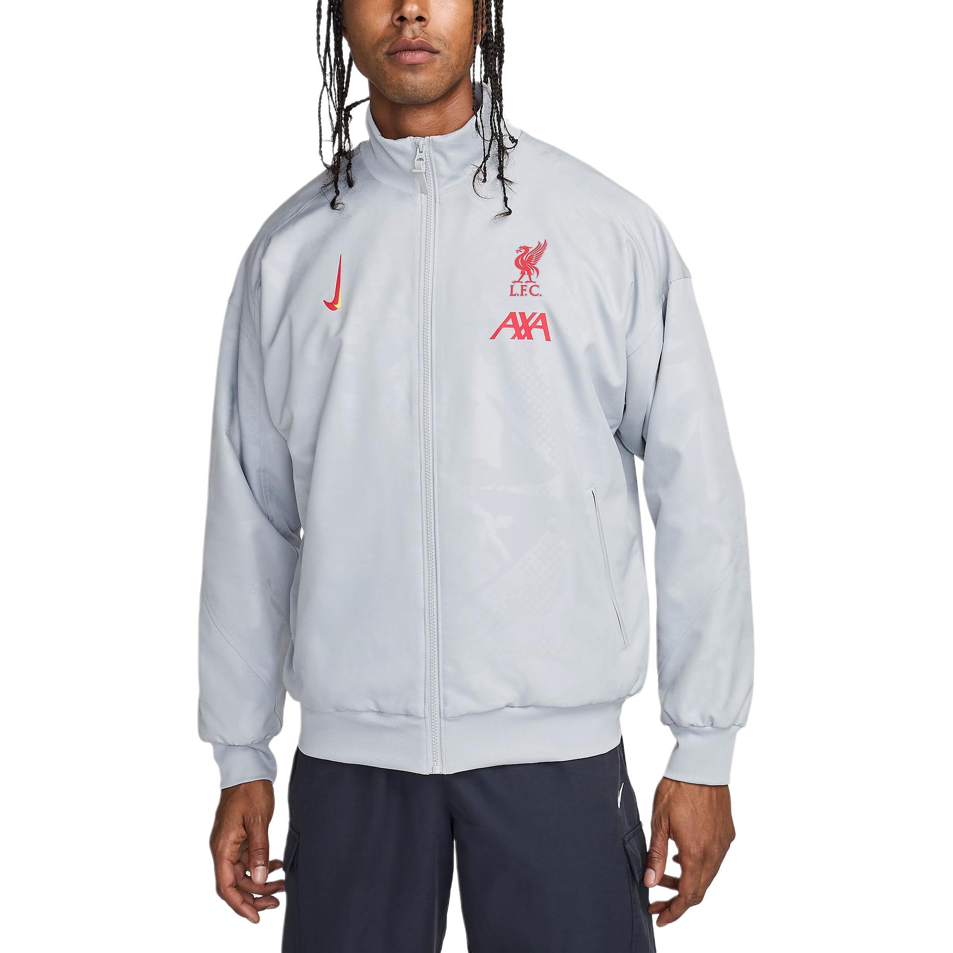 

Футболка Liverpool FC Strike Third мужская Dri-FIT Soccer Anthem Jacket Nike, светло-дымчато-серый/черный/глобальный красный
