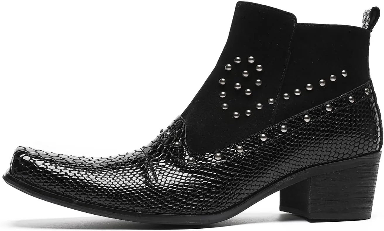 Santimon Mens Boots, платье для вечеринки, повседневные кожаные бусины, молния, ботинки Chelase, свадьба, выпускной, западная мода, ковбойские ботинки для мужчин и мальчиков, черный — фото 2