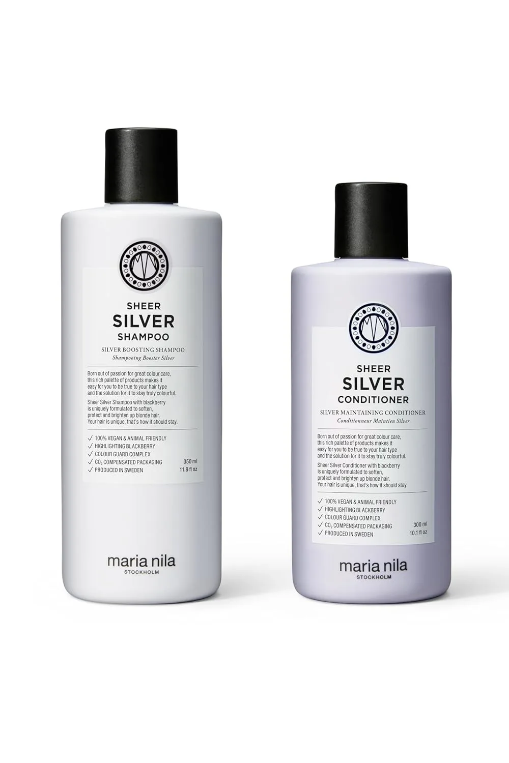 Шампунь и кондиционер Maria Nila Sheer Silver, нейтрализуют золотистые оттенки, фиолетовые пигменты придают холодный тон, 100% веганский продукт, без сульфатов и парабенов., white