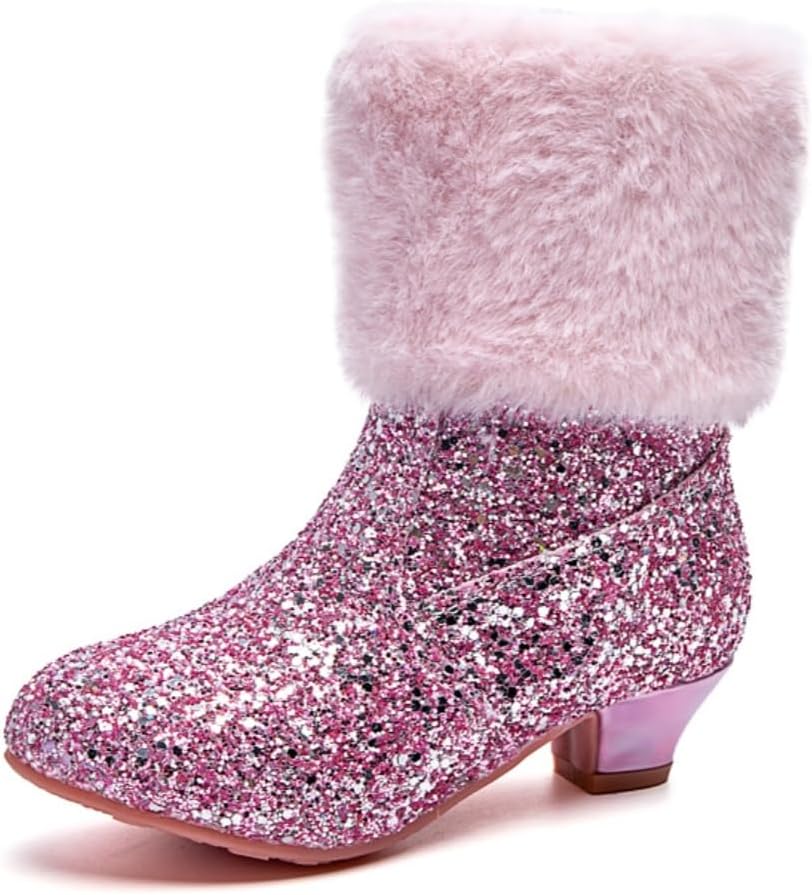 

Зимние теплые меховые ботильоны для девочек с низким каблуком, блестками и пайетками, принцесса, с боковой молнией Auhoho, Pink