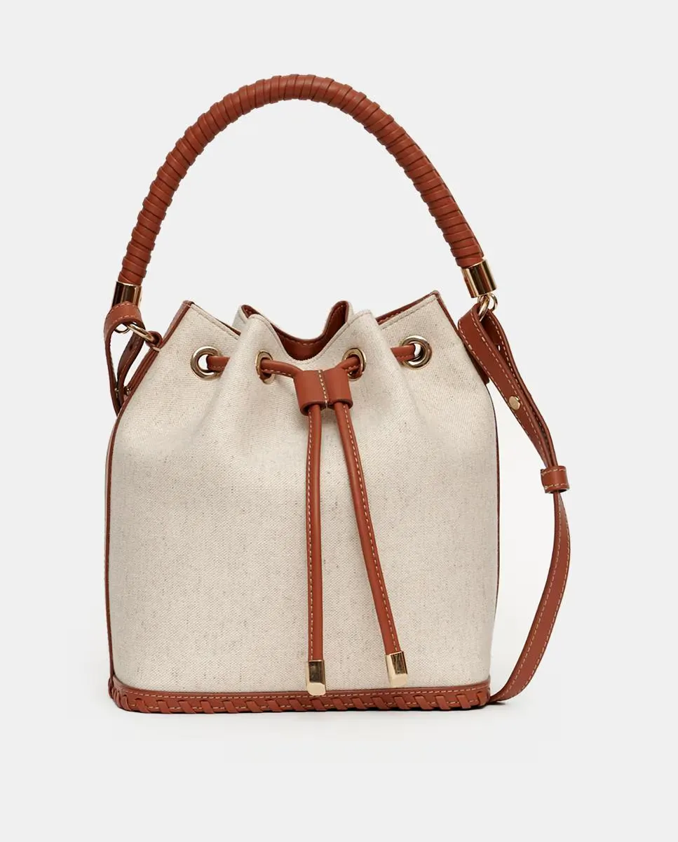 

Большая сумка SAONARA типа bucket из кожи карамельного цвета в сочетании с льном, с наплечным ремнем, естественный