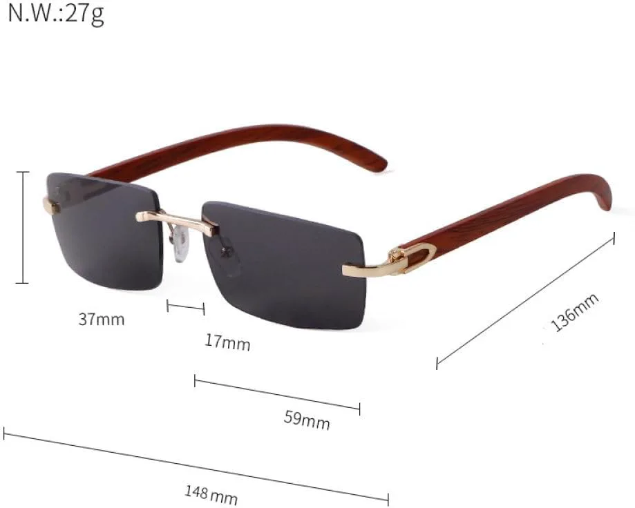 

Женские солнцезащитные очки без оправы 2027 года, деревянные дужки, модный уличный стиль, квадратная форма, защита от УФ-излучения UV400 MTZJH, C2 Grey Pink