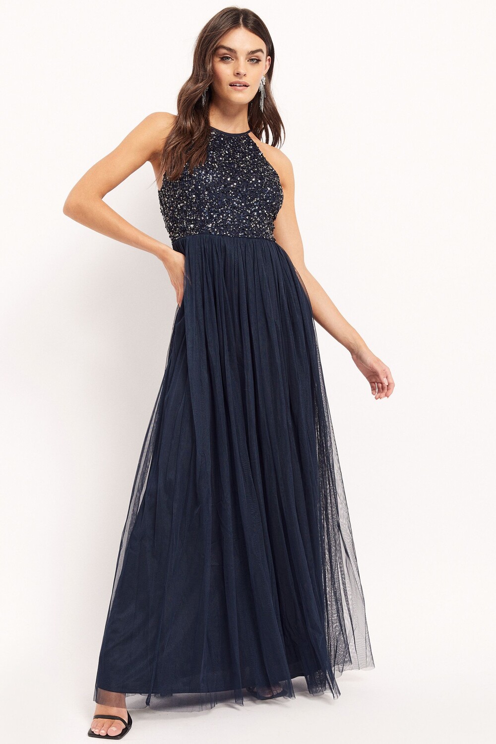 

Нежное платье макси с длинными рукавами круглым вырезом и пайетками Maya, синий