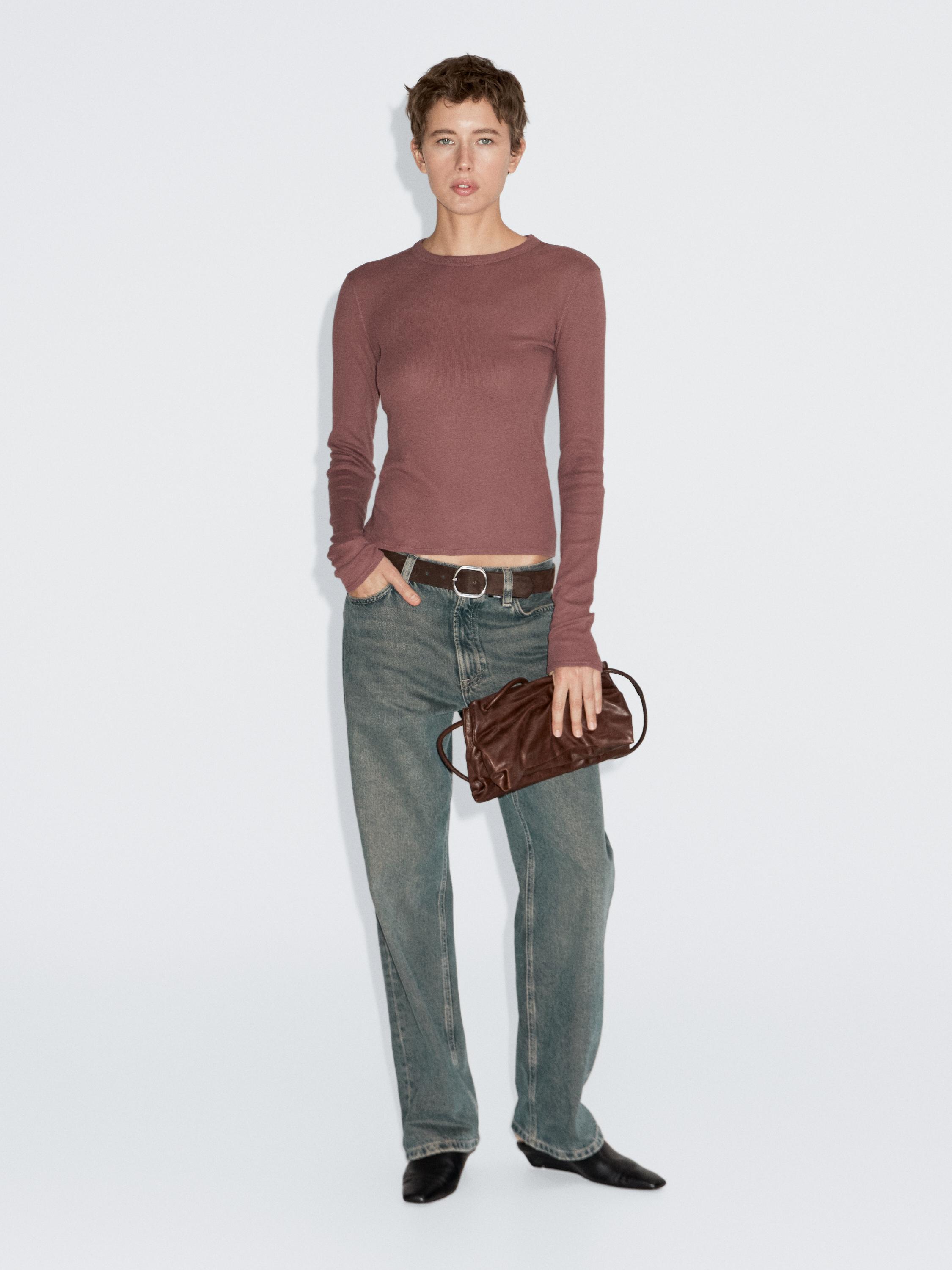 

Футболка с длинным рукавом из хлопковой смеси Massimo Dutti, Dusty Pink