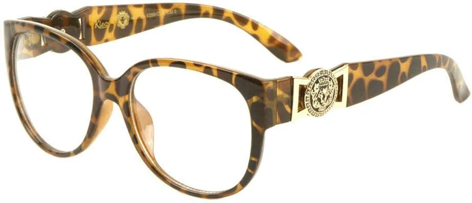 

Роскошные солнцезащитные очки Kleo с увеличенным золотым медальоном в виде головы льва и прозрачными линзами в форме кошачьего глаза, Brown Tortoise & Gold Frame