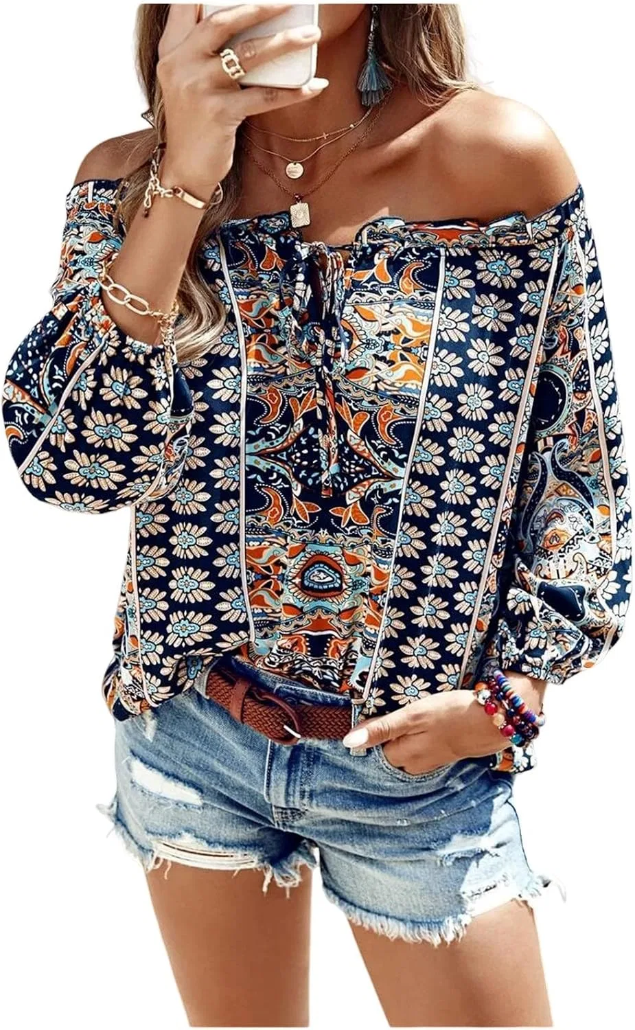 Блуза с цветочным принтом, off shoulder, QREXVOG, синяя