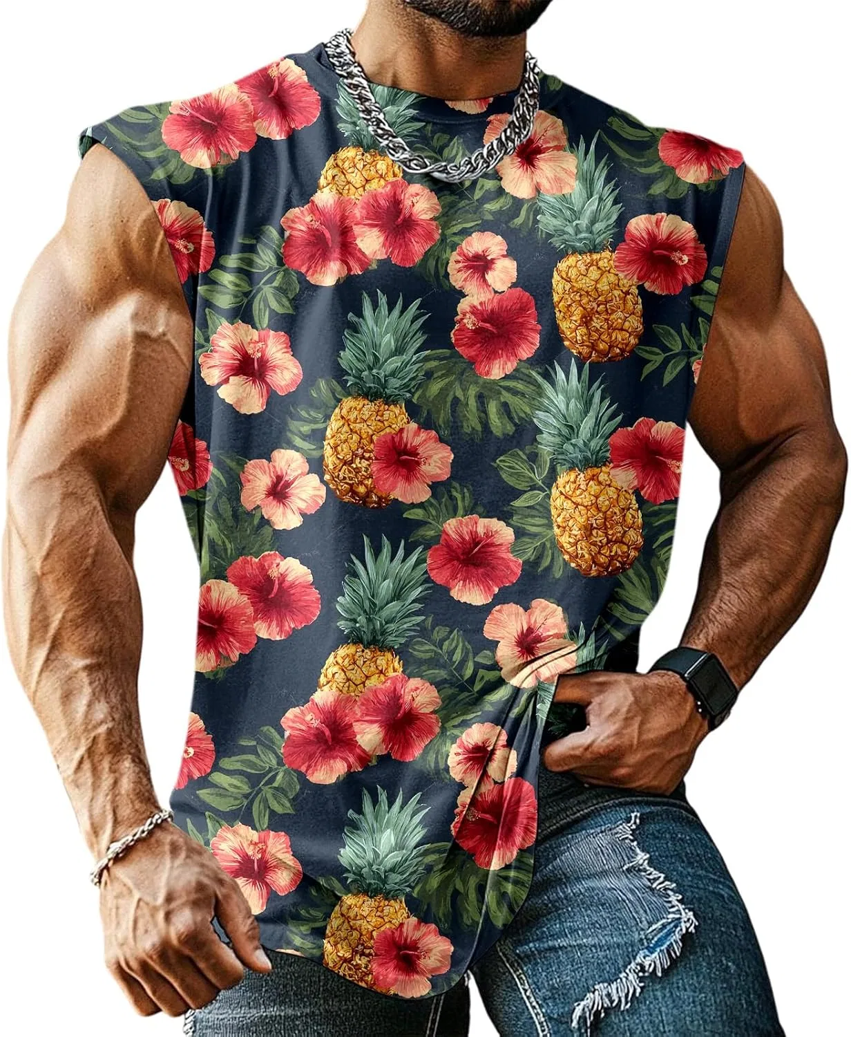 Мужской топ-безрукавка с тропическим принтом, Polyester/Spandex, Red Hibiscus