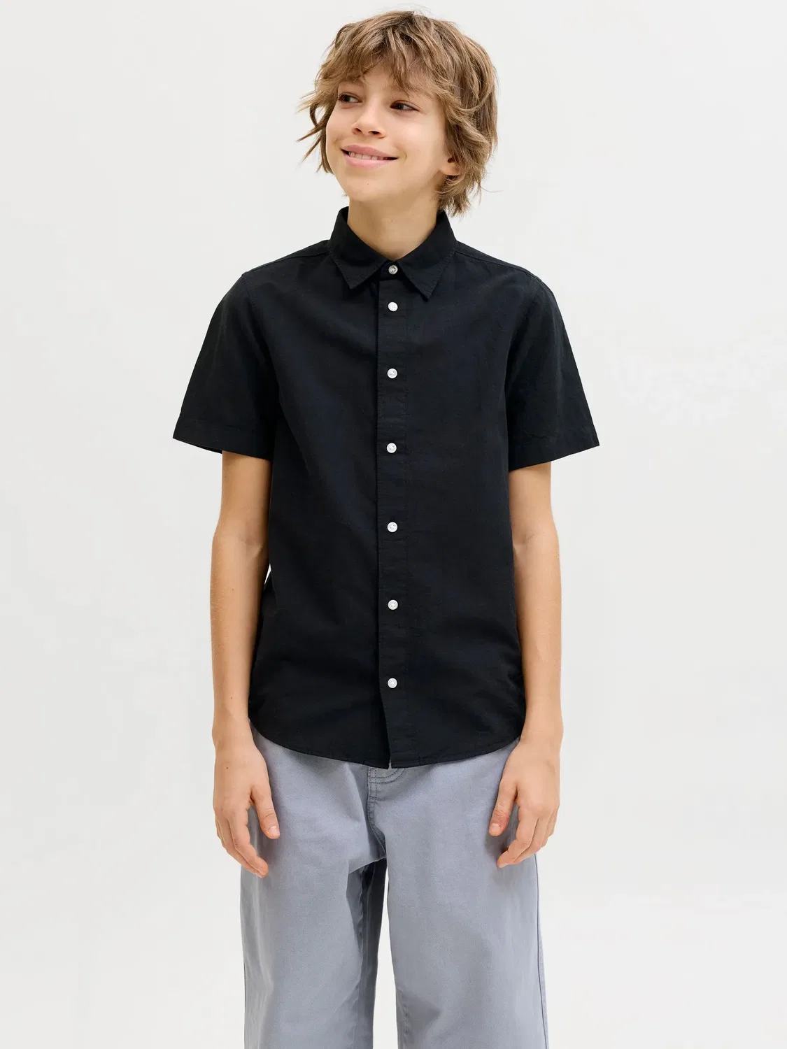 Рубашка из льна и хлопка JACK & JONES Junior, черный — фото 2