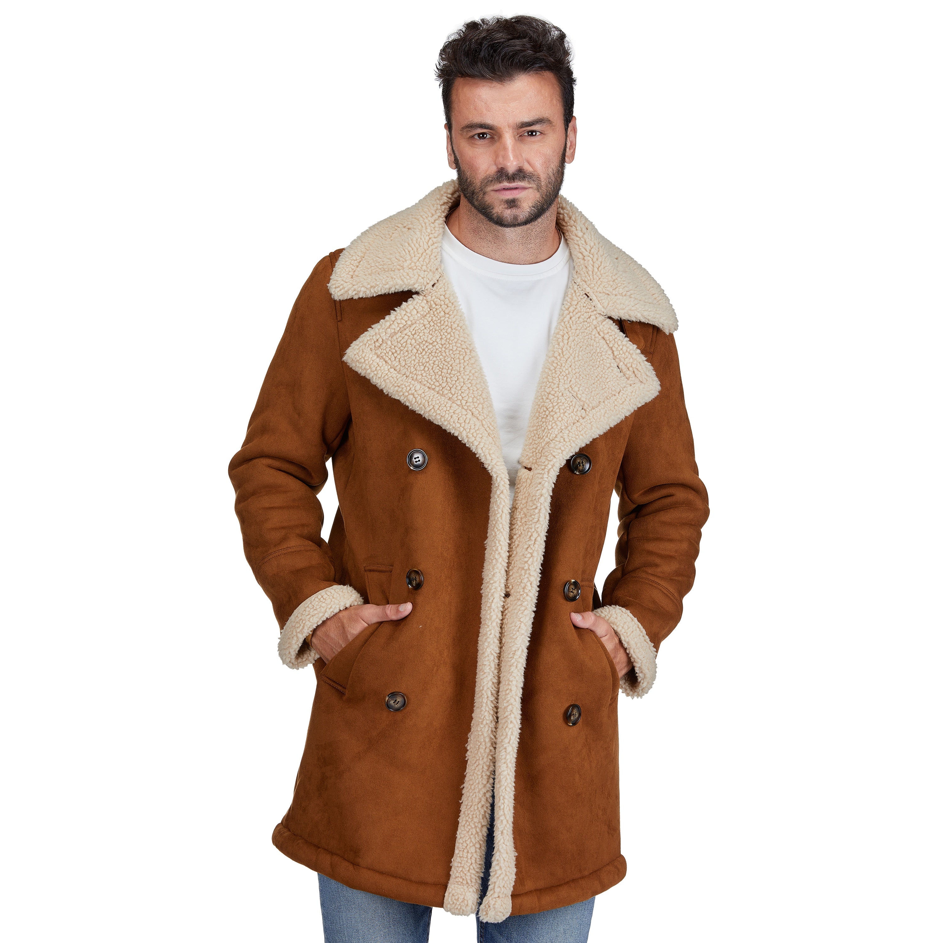 

Двубортное пальто Braveman из искусственной овчины, цвет cognac