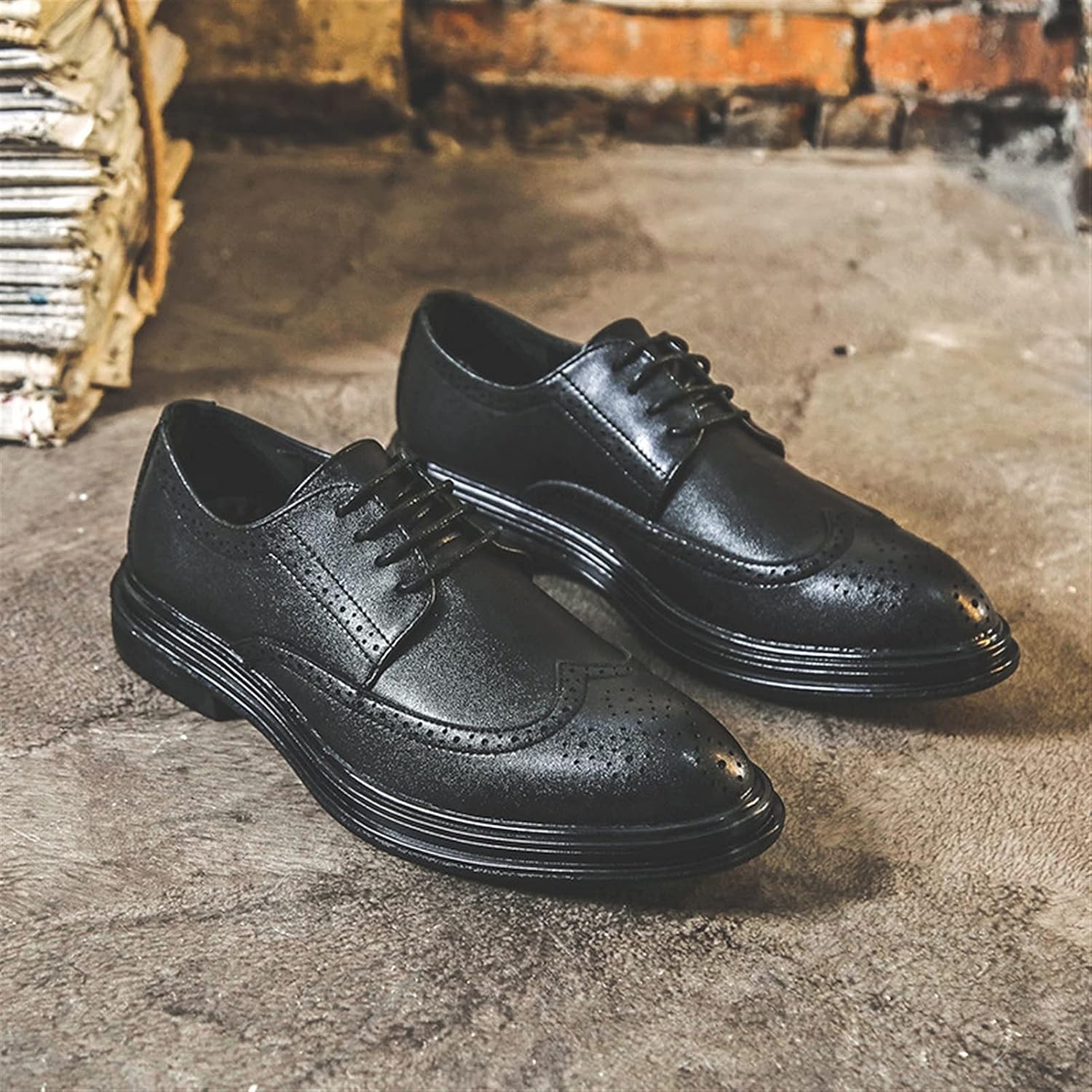 Мужские туфли EVSER Dress Oxford с шнуровкой Derby, броги с тиснением, с крылышком, закругленный блестящий носок, противоскользящая резиновая подошва, низкий профиль (Цвет: коричневый, Размер: 8.5) — фото 2