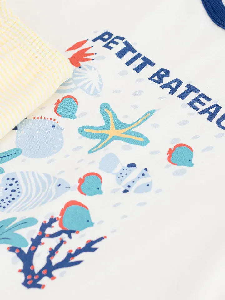 Пижама детская хлопковая PETIT BATEAU, белый/желтый — фото 3
