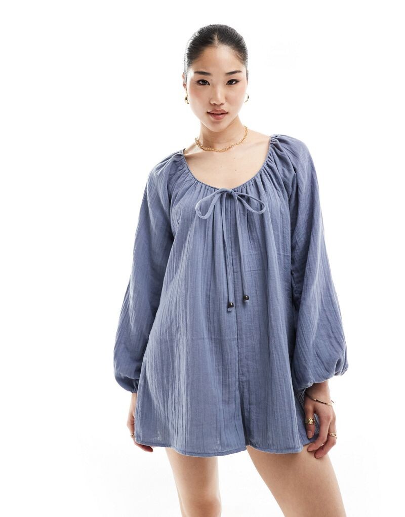 

Синий комбинезон с длинными рукавами и бусинами ASOS DESIGN
