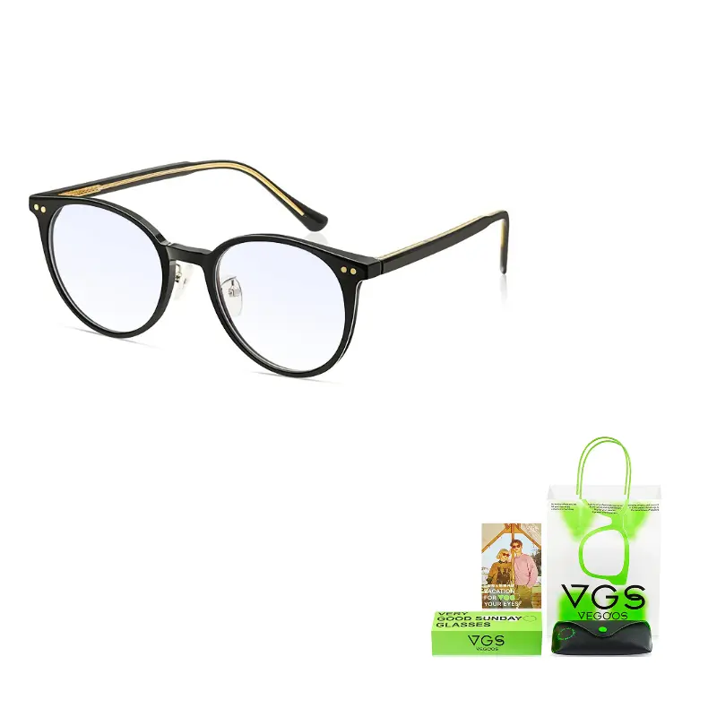 

VEGOOS Пластиковая квадратная оправа для очков TR/Memory унисекс, Round Frame Black (Blue Light Blocking)