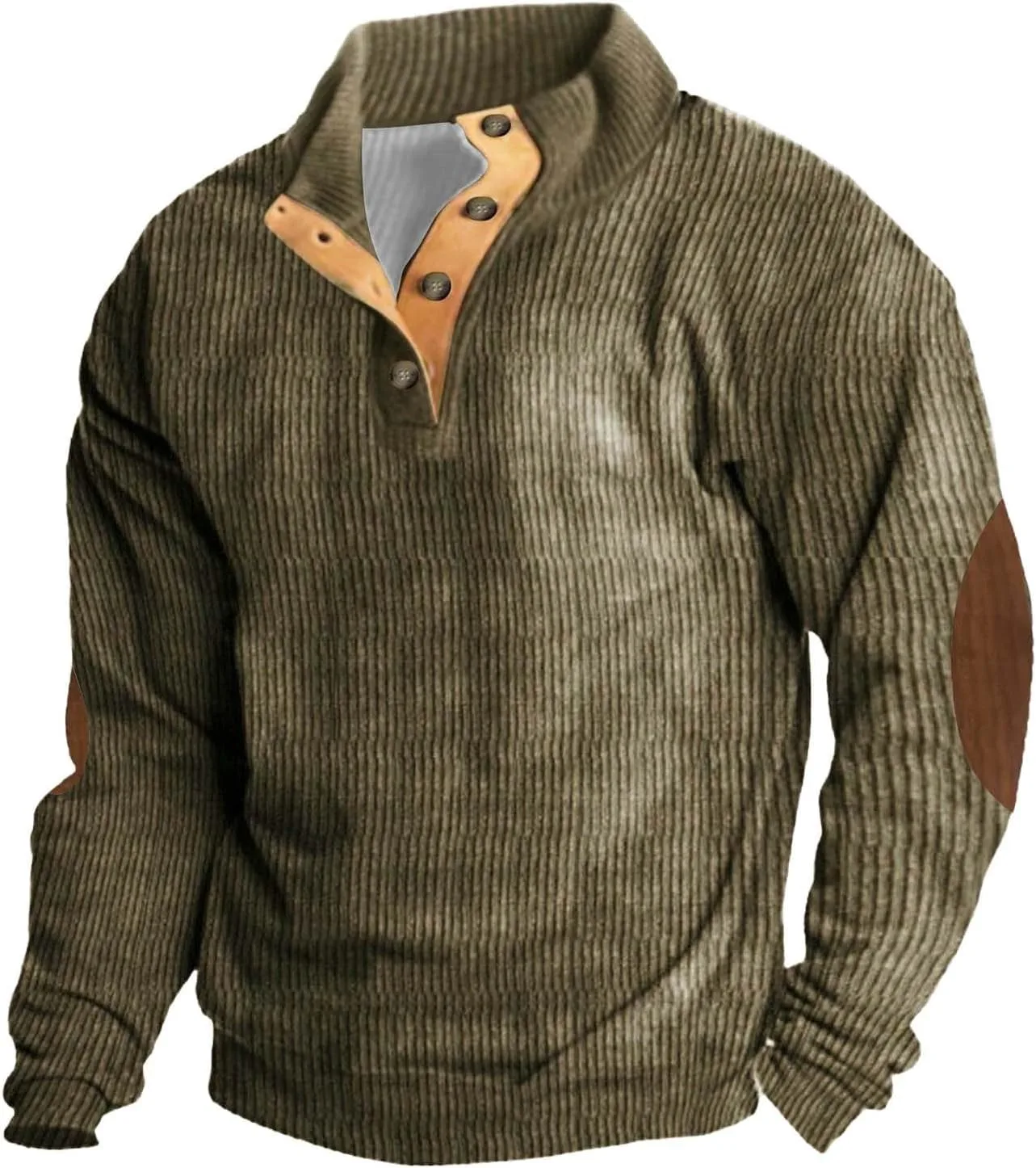 

Мужской вельветовый свитер с воротником стойкой и заплатками на локтях