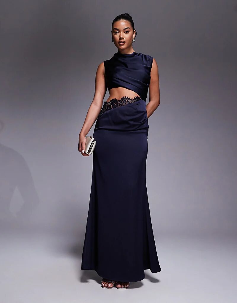 

Платье макси из атласа Jarlo с вырезами из кружева темно-синего цвета