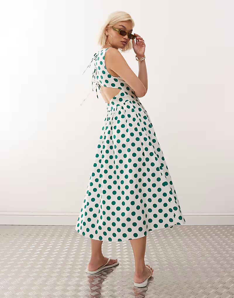 

Платье миди с облегающим лифом и пышной юбкой в горошек Reclaimed Vintage, мультиколор