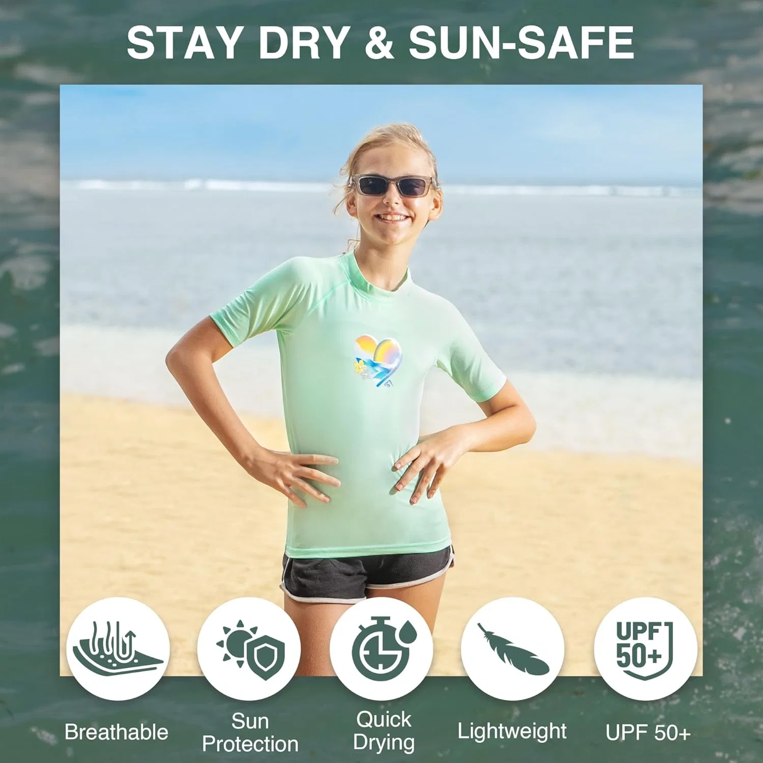 Футболка для плавания с коротким рукавом Kanu Surf Girls' Jade Rash Guard UPF 50+ с защитой от солнца, Fiona Ice Green — фото 2