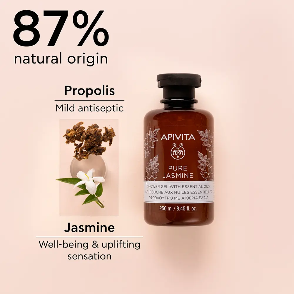 Гель для душа Pure jasmine gel de baño con aceite esencial de jazmín y aceite de propóleo Apivita, 250 мл. — фото 2