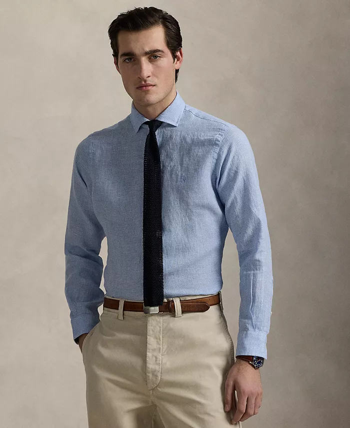 

Мужская классическая рубашка из льна в клетку "гусиная лапка" Polo Ralph Lauren, синий