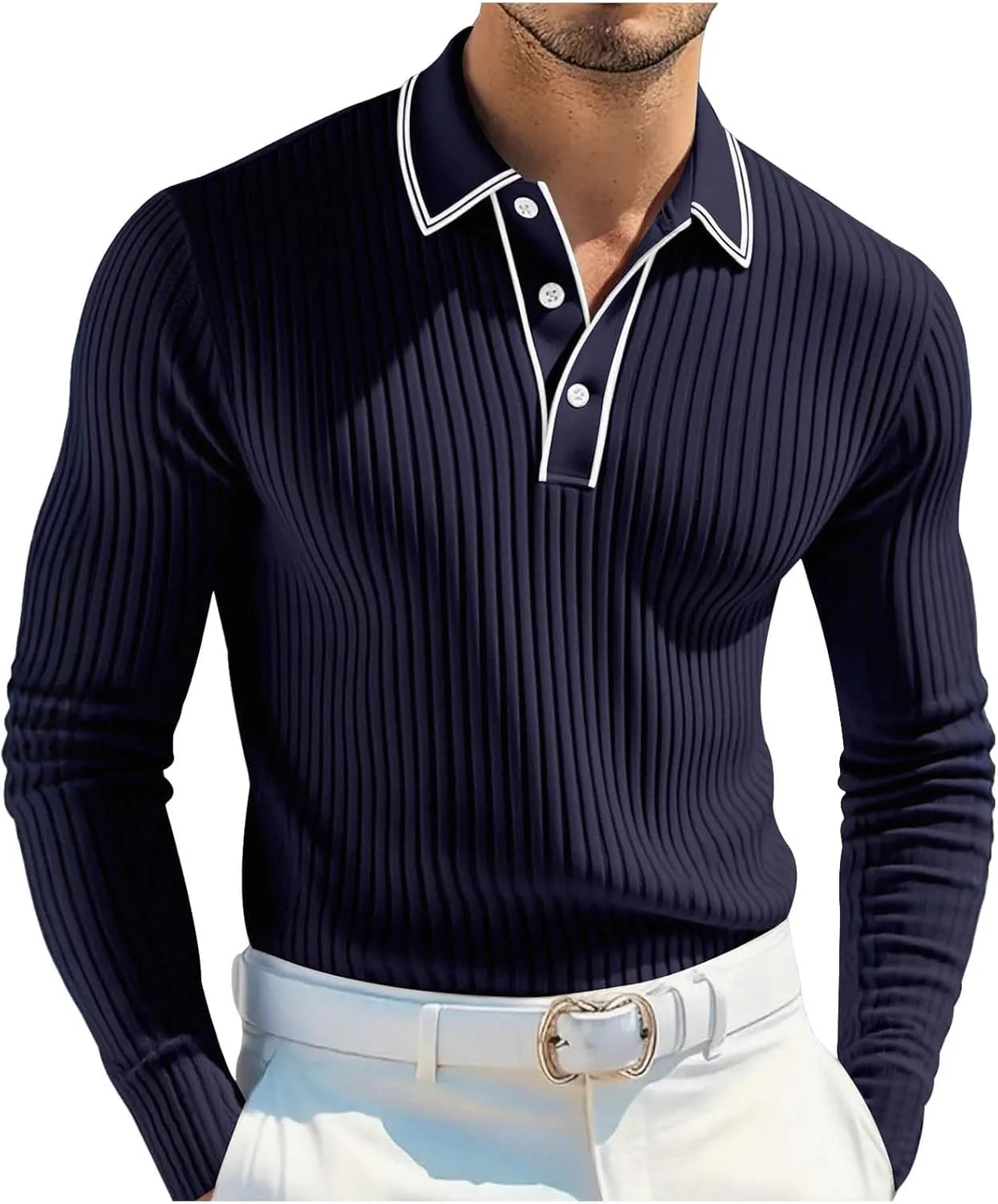 

Xiaojake мужской вязаный поло свитер Casual длинный рукав текстурированный поло свитер легкий на пуговицах полосатый вязаный гольф свитер Xiaojmake