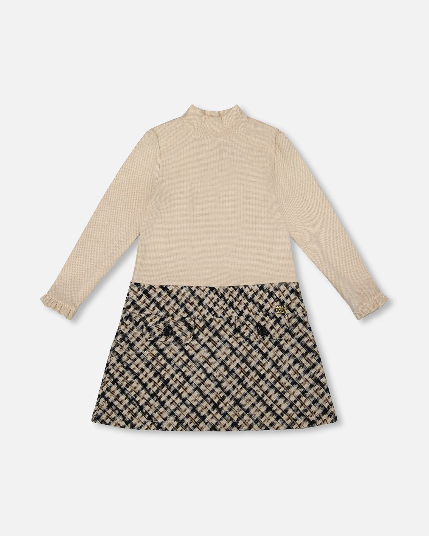 

Длинный рукав Би-материал Воротник стойка Платье Бежевый и в клетку Deux par Deux