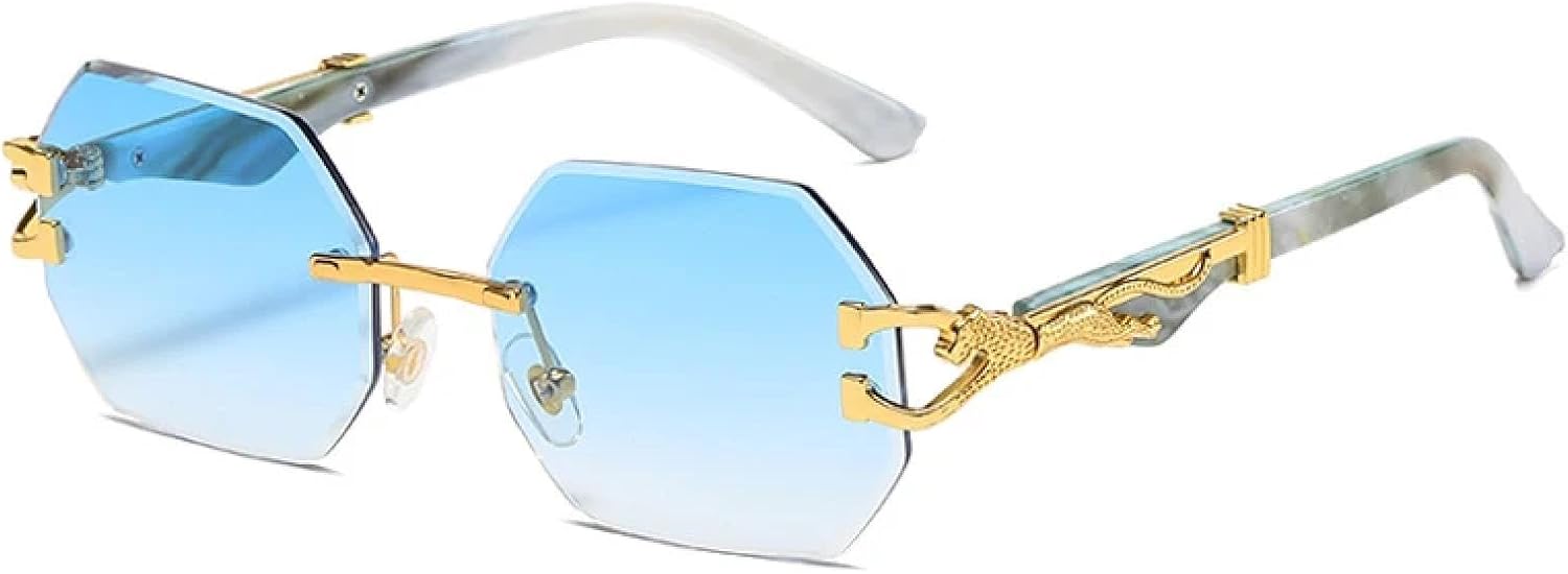 

Солнцезащитные очки без оправы для женщин и мужчин, восьмиугольные, с огранкой "под лезвие", в маленькой прямоугольной оправе, в стиле ретро, ​​солнцезащитные очки с защитой от УФ-излучения UV400 TKKTLLT, Gold Cyan Yellow