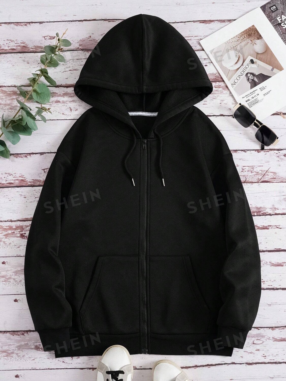 

EZwear Женский пуловер с капюшоном и брюками на молнии Shein, черный