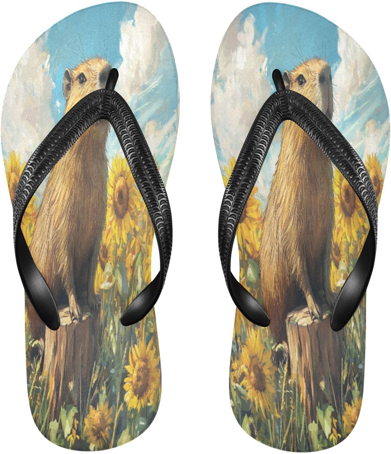 

Сланцы с подсолнухами и капибарой, желтые пляжные шлепанцы, резиновые нескользящие летние тапочки для ходьбы, для женщин и мужчин Sinestour