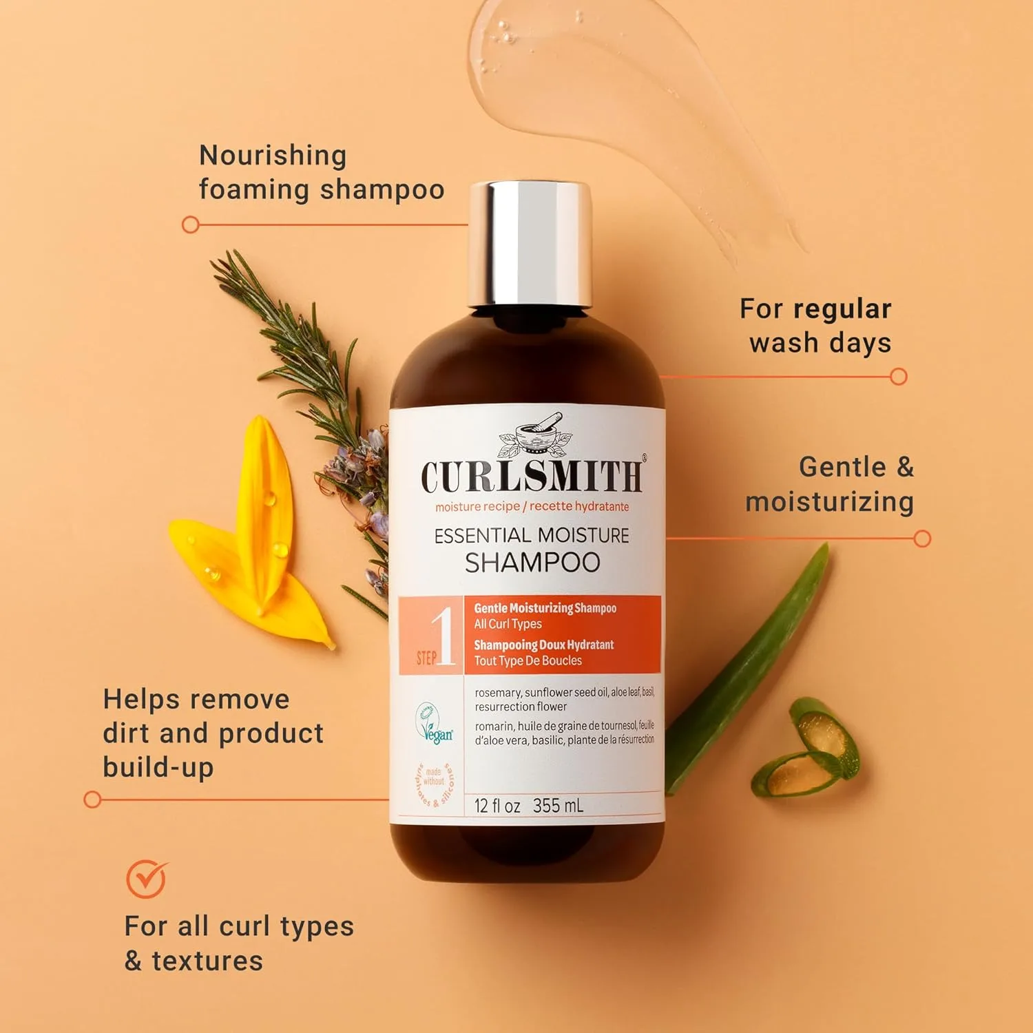 CURLSMITH - Essential Moisture Cleanser, мягкий питательный шампунь для волнистых, кудрявых и вьющихся волос, веганский продукт. 355 мл — фото 2