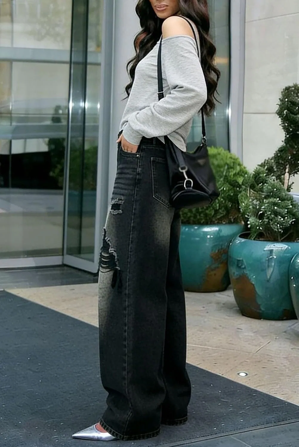 Джинсы прямые с высокой посадкой, Casual Baggy Denim Pants, Black — фото 4