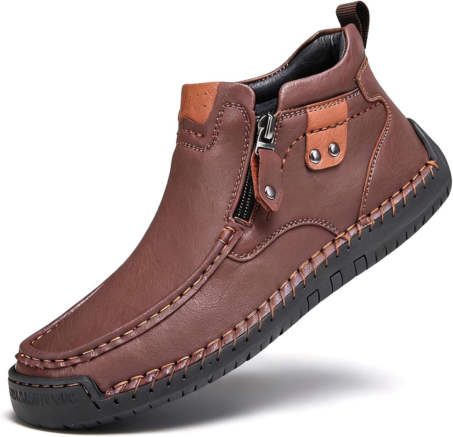 

Мужские кожаные лоферы на высокой подошве с боковой молнией, ручная работа, повседневные, с круглым носком, противоскользящие, для делового стиля, чаcелси, для путешествий, активного отдыха и прогулок Bangteuo, коричневый