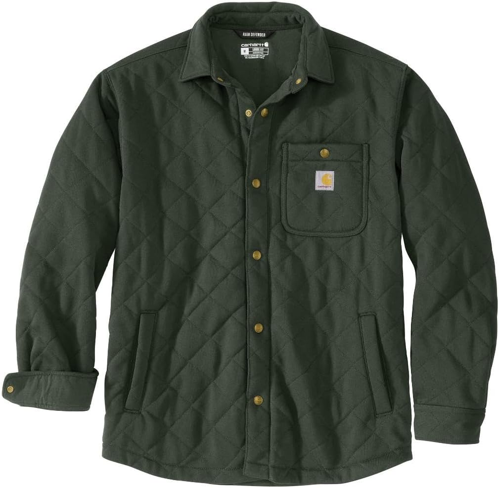 

Толстовка Carhartt mens Rain Defender Loose Fit Heavyweight Quilted Snap Front Shirt Jac, Forestry Green