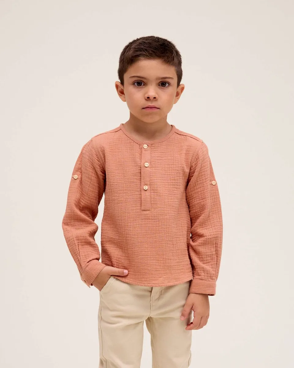 

Детская муслиновая рубашка с воротником-стойкой Dadati, коричневый