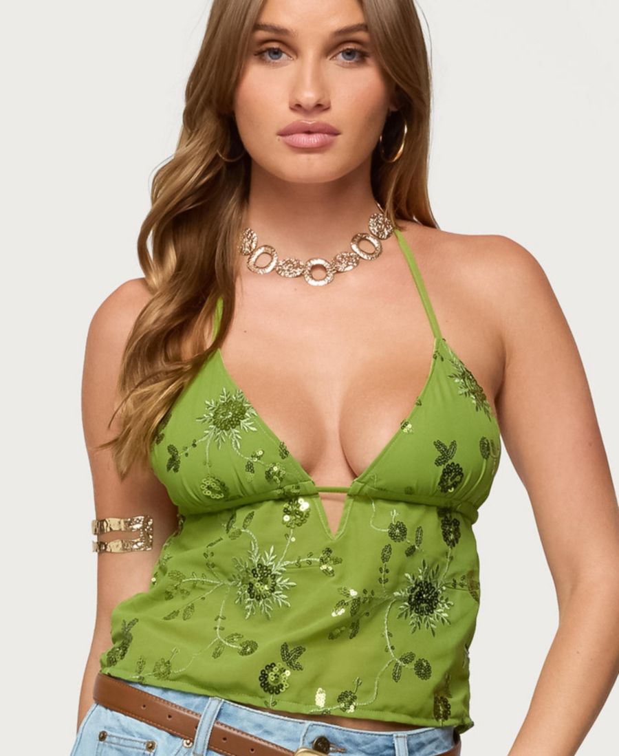 

Женский топ Kiki из шифона с пайетками и цветочным принтом Edikted, Green