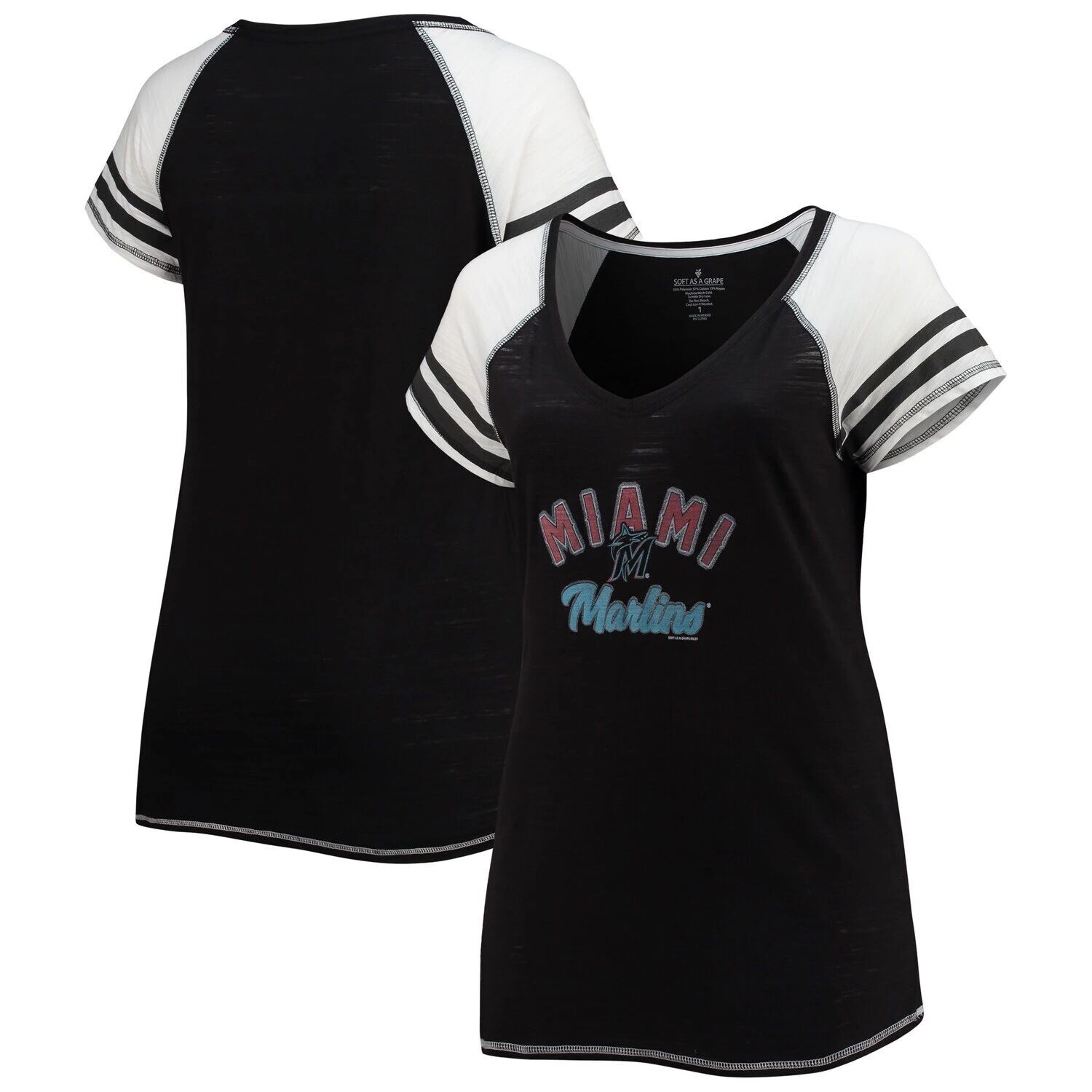 

Женская футболка Soft as a Grape Black Miami Marlins Curvy Colorblock Tri-Blend реглан с v-образным вырезом