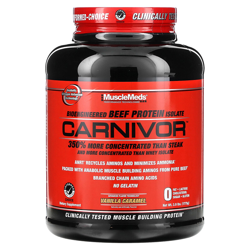 

MuscleMeds, Carnivor, изолят белка говядины биоинженерной обработки, с ванильной карамелью, 4.2 фунта (1915.2 г)