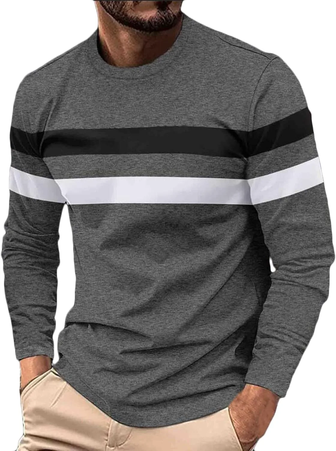 

Мужская футболка с длинным рукавом Color Block Striped Tee Pullover Casual Round Neck Ozmmyan