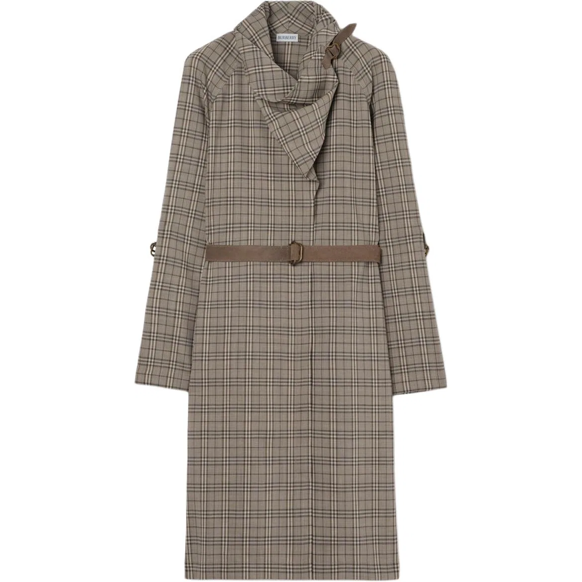 Платье миди Burberry с шальным воротником и поясом, клетчатый принт, серое