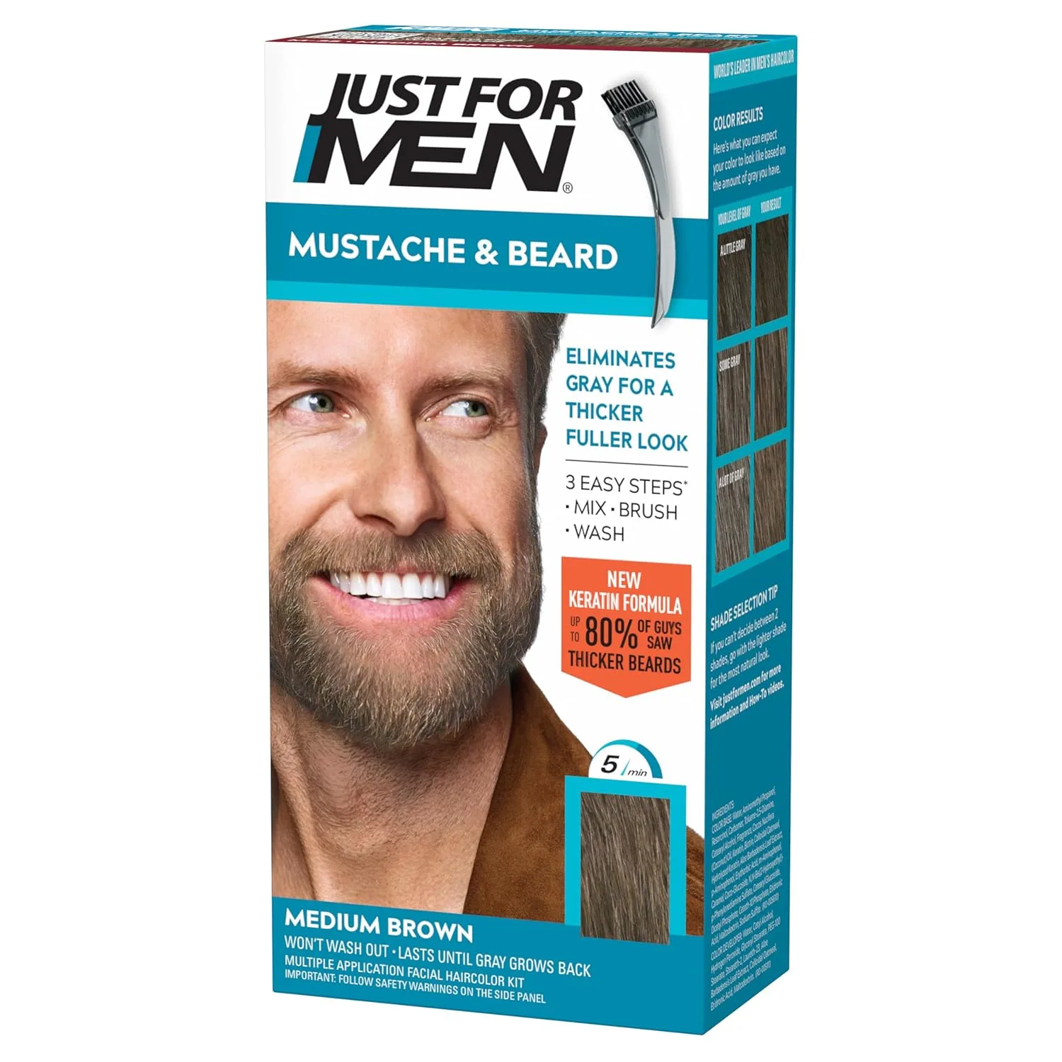 Just For Men Mustache & Beard, окрашивание бороды для седых волос с кистью, с кератином, биотином, алоэ и кокосовым маслом для здоровой растительности на лице - Medium Brown, M-35, 1 шт 1 штука (1 шт.), Medium Brown M-35