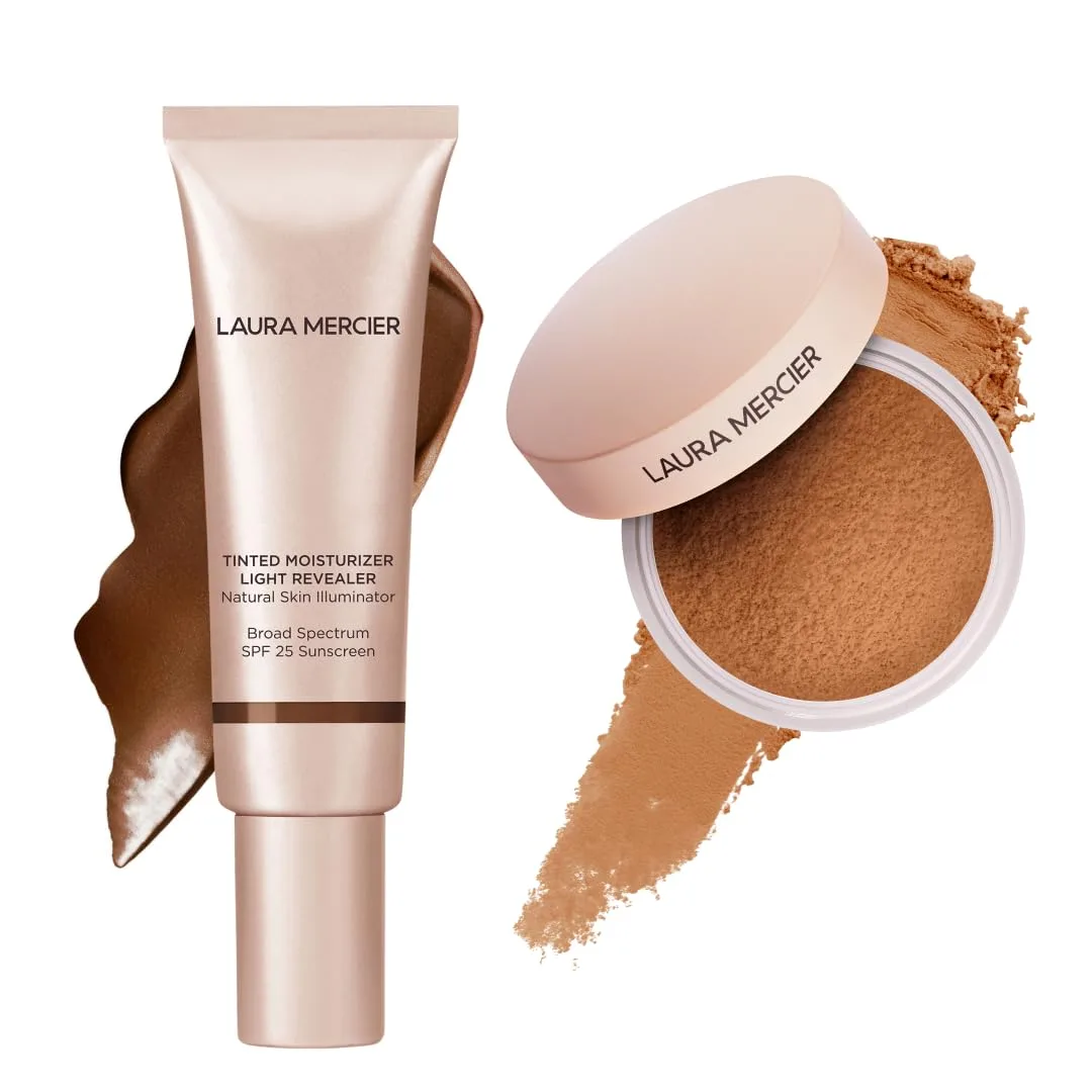 Laura Mercier тонирующий увлажняющий крем Light Revealer с SPF 25, оттенок 6C1 Cacao, и рассыпчатая пудра Ultra-Blur с гиалуроновой кислотой, оттенок Medium Deep