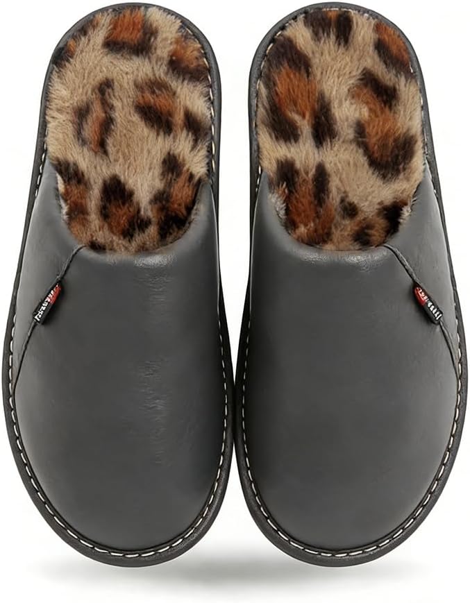 

Кожаные тапочки с стильной леопардовой подкладкой, водонепроницаемым верхом и противоскользящей подошвой, уютные домашние тапочки для мужчин и женщин Pxpuiq, серый