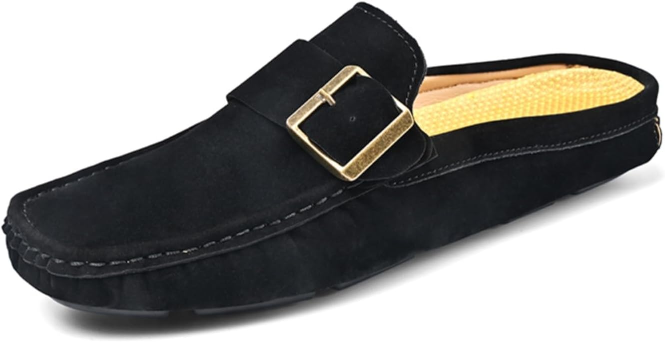 

Мужские замшевые мюли с золотой пряжкой - стильные слипоны без задника, удобная повседневная и офисная обувь Aokisx