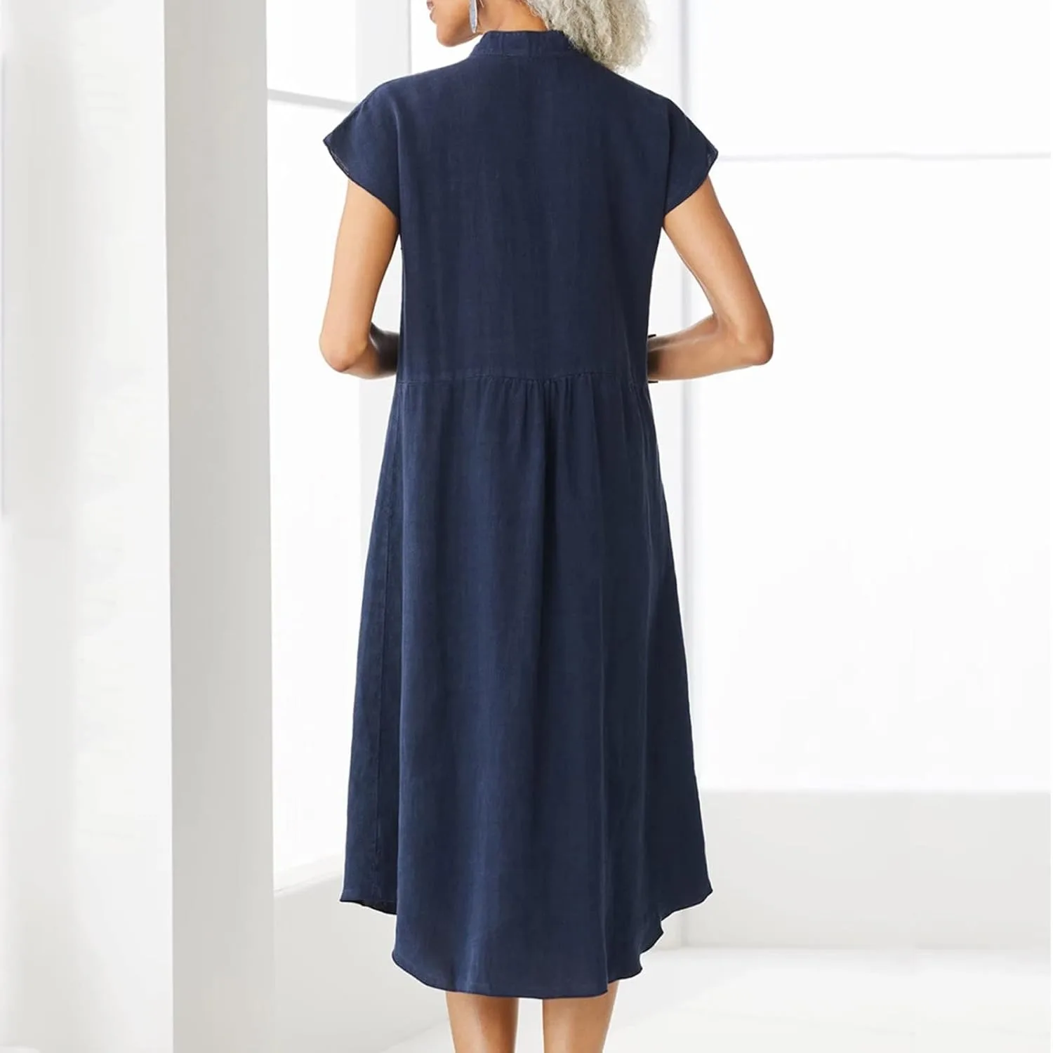 Женское платье-туника в мусульманском стиле, мини-платье из хлопка и льна с длинными рукавами и оборками по низу, на пуговицах, платье-рубашка из шамбре, повседневное платье Generic, синий — фото 3