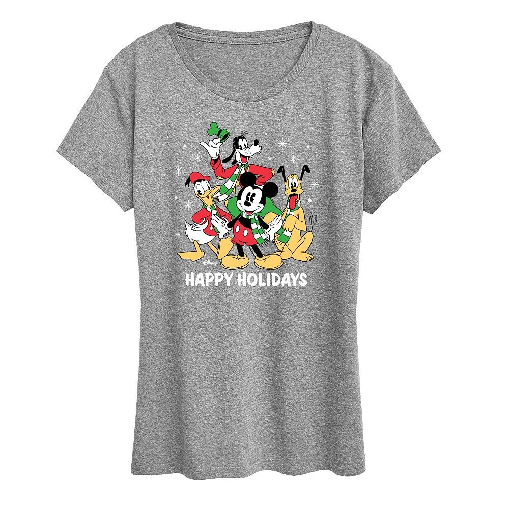 

Женская футболка с рисунком группы «Микки и друзья» Disney's Happy Holidays Licensed Character, цвет Heather Gray