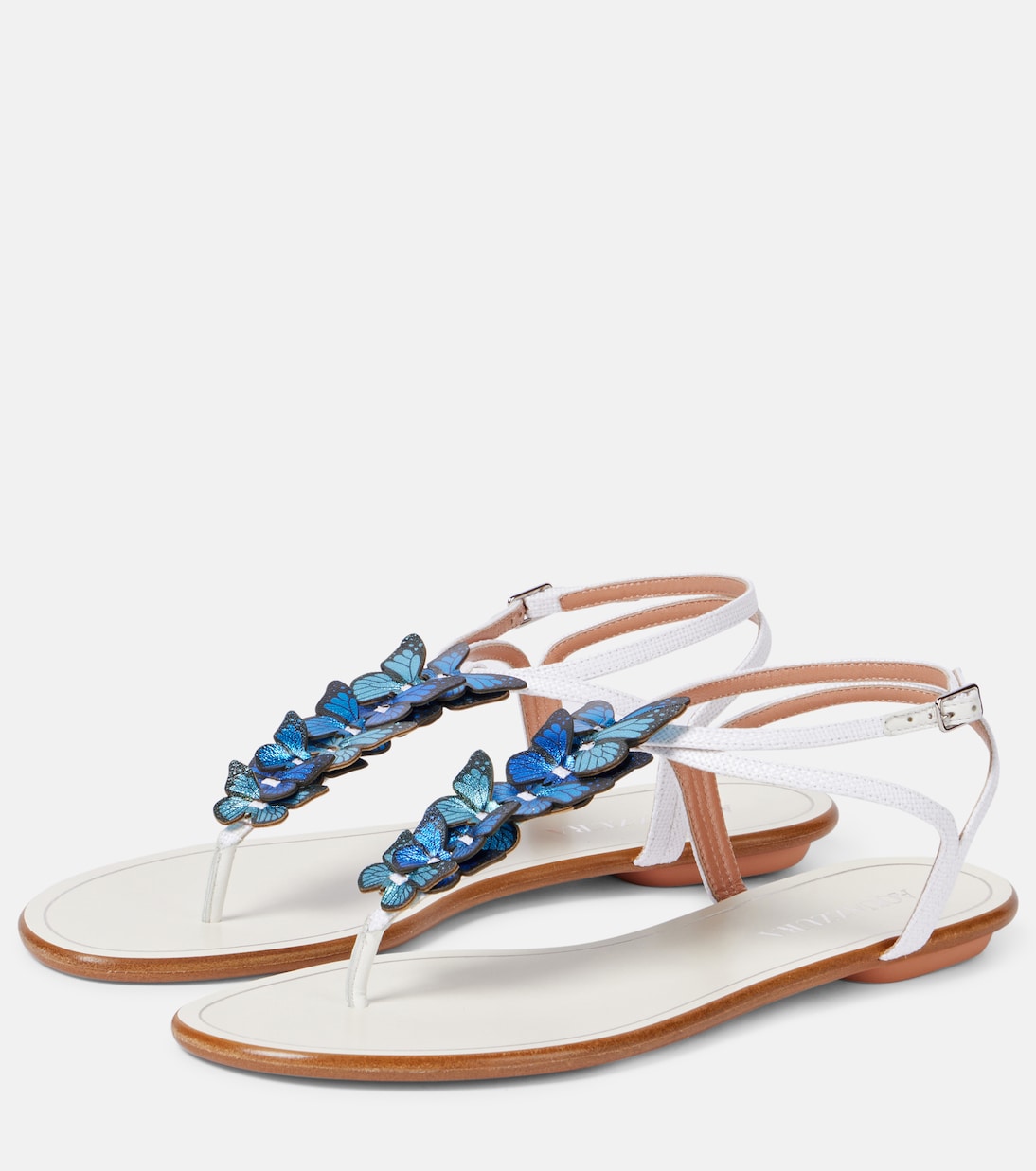 Папийон сандалии из холста с кожаной отделкой Aquazzura, White/Multi Blue — фото 4