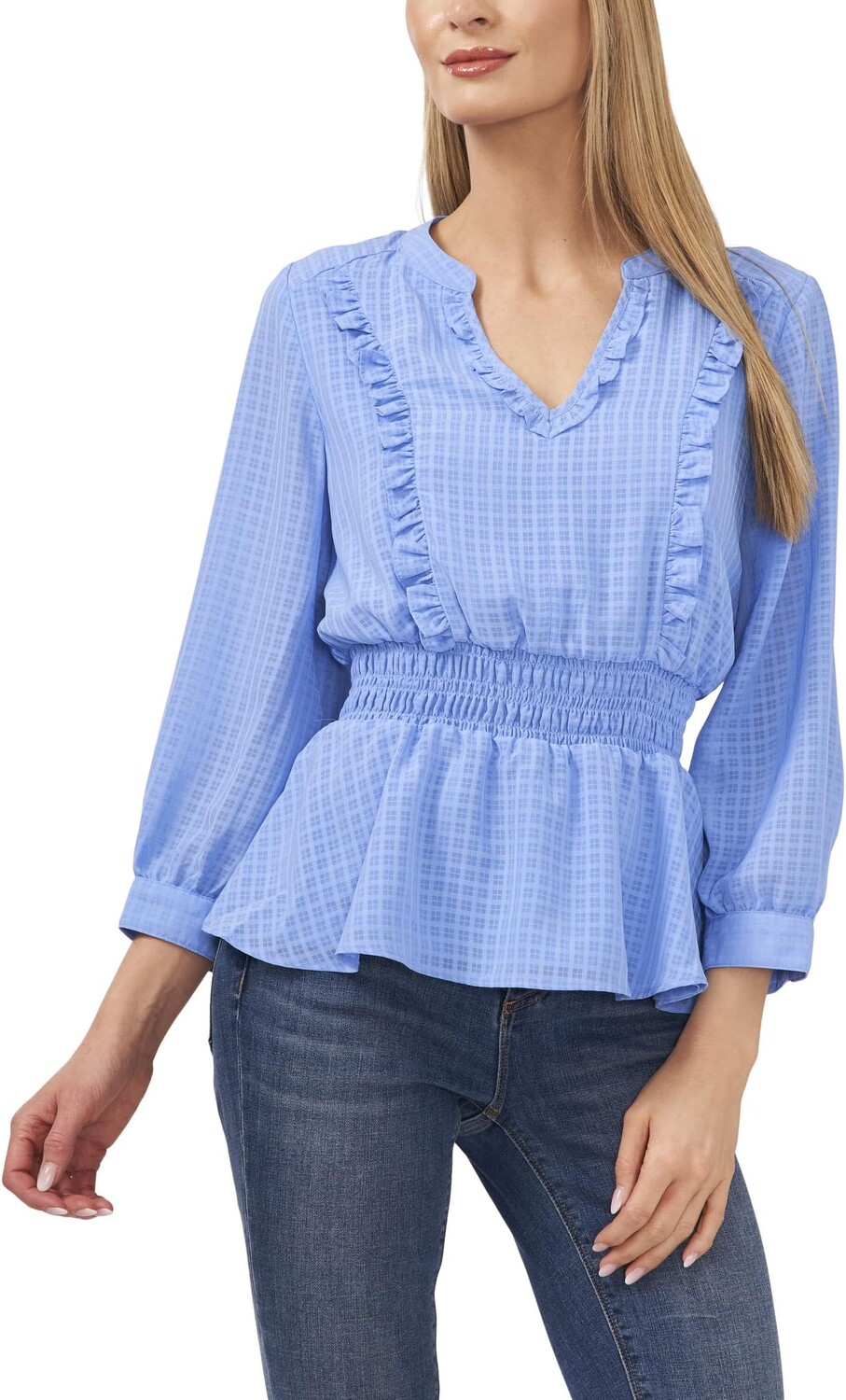 

Блуза CeCe Long Sleeve Split-Neck Chiffon Blouse w/ Ruffles, цвет Blue Jay