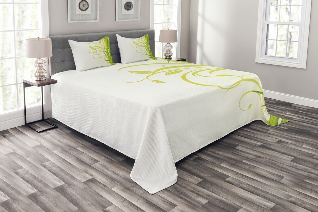 

ABAKUHAUS Зеленый комплект покрывала, Сад по фен-шуй, Комплект с моющимися наволочками, для односпальных кроватей 264 x 220 см, Лаймово-зеленый Светло-зеленый