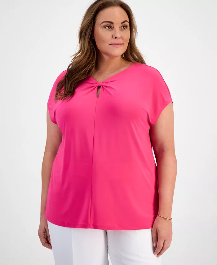 

Блузка с плиссировкой и вырезом-замочной скважиной Plus Size Kasper, розовый